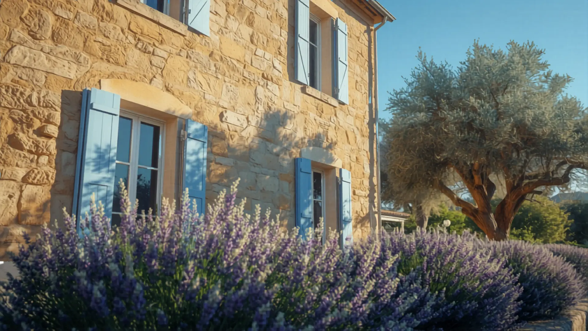 Villa provençale en pierre avec volets clos sous un ciel d'été, entourée de lavandes et d'oliviers
