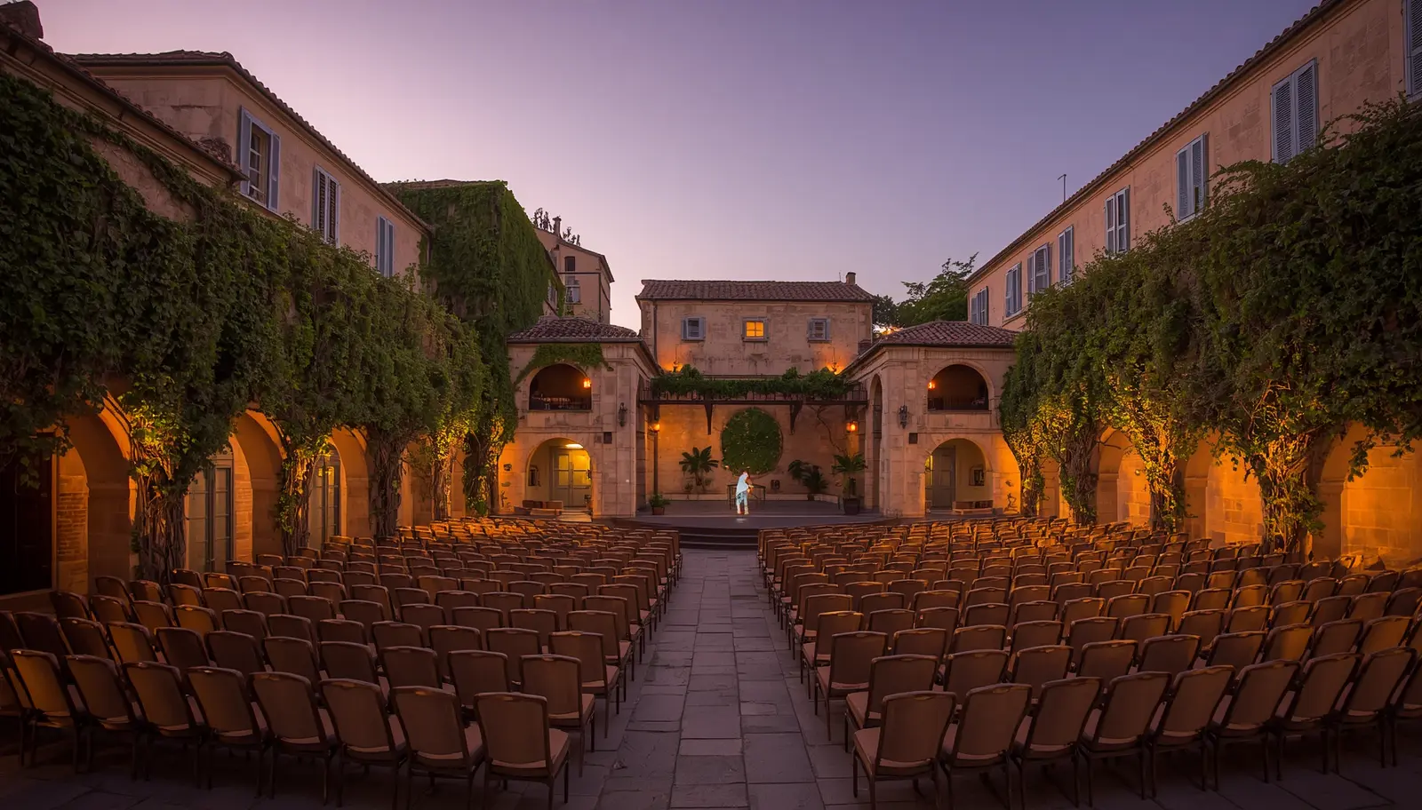 Cour intérieure éclairée au crépuscule d'un palais provençal en pierre, lumières dorées et sièges de spectacle disposés face à une scène à ciel ouvert