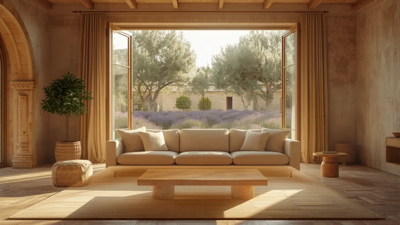Intérieur lumineux d'une villa provençale avec canapé en lin beige et vue sur un jardin d'oliviers