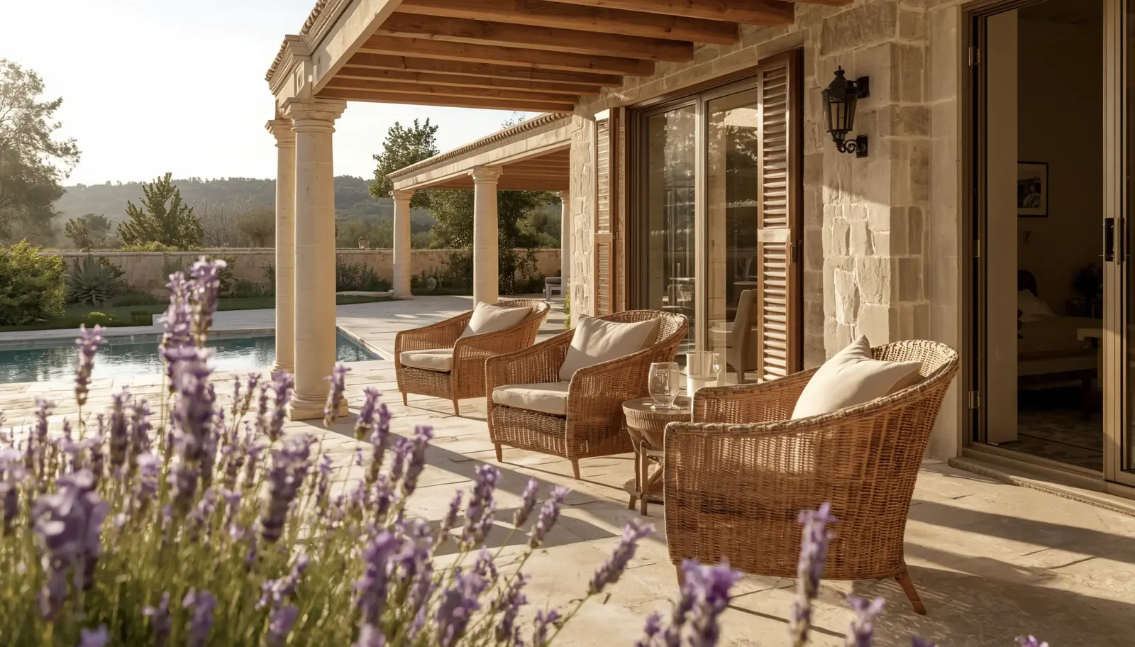 Terrasse ensoleillée d'une villa provençale en début d'été, mobilier en rotin et lin naturel, lavandes en fleurs au premier plan